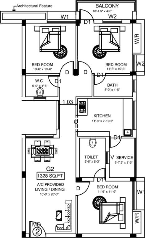 Floor plan of 3 BHK 1328 Sq. Ft. Apartment in Vishram Oasis, Chennai