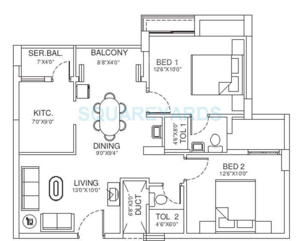 Floor plan of 2 BHK 1064 Sq. Ft. Apartment in Vishwakarma Properties Sky Park, Chennai