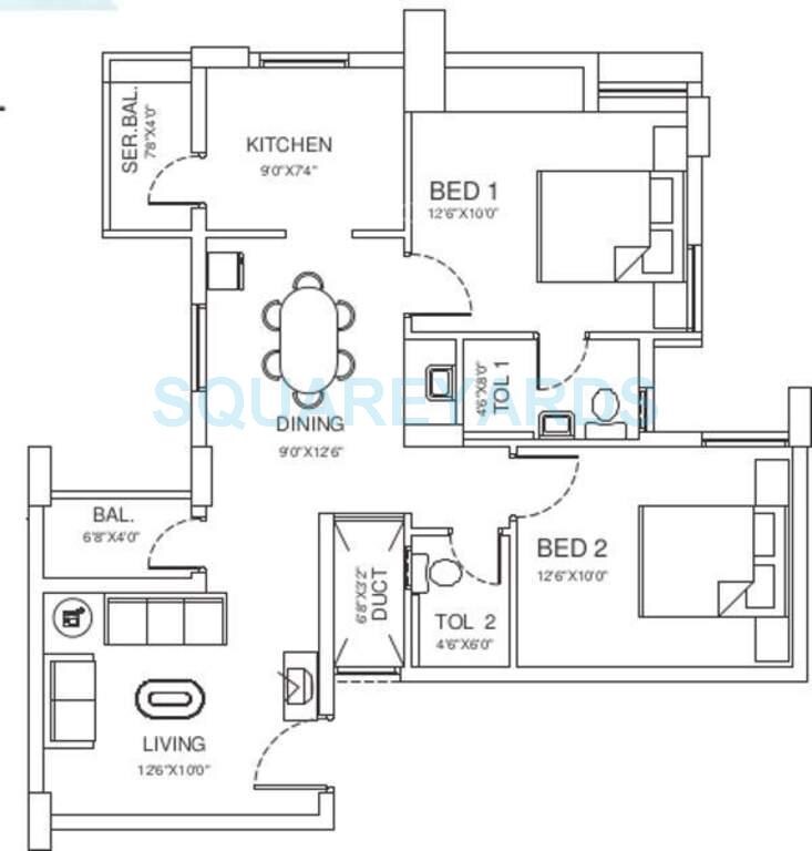 Floor plan of 2 BHK 1120 Sq. Ft. Apartment in Vishwakarma Properties Sky Park, Chennai