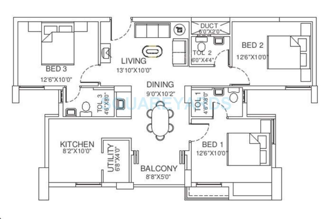 Floor plan of 3 BHK 1371 Sq. Ft. Apartment in Vishwakarma Properties Sky Park, Chennai