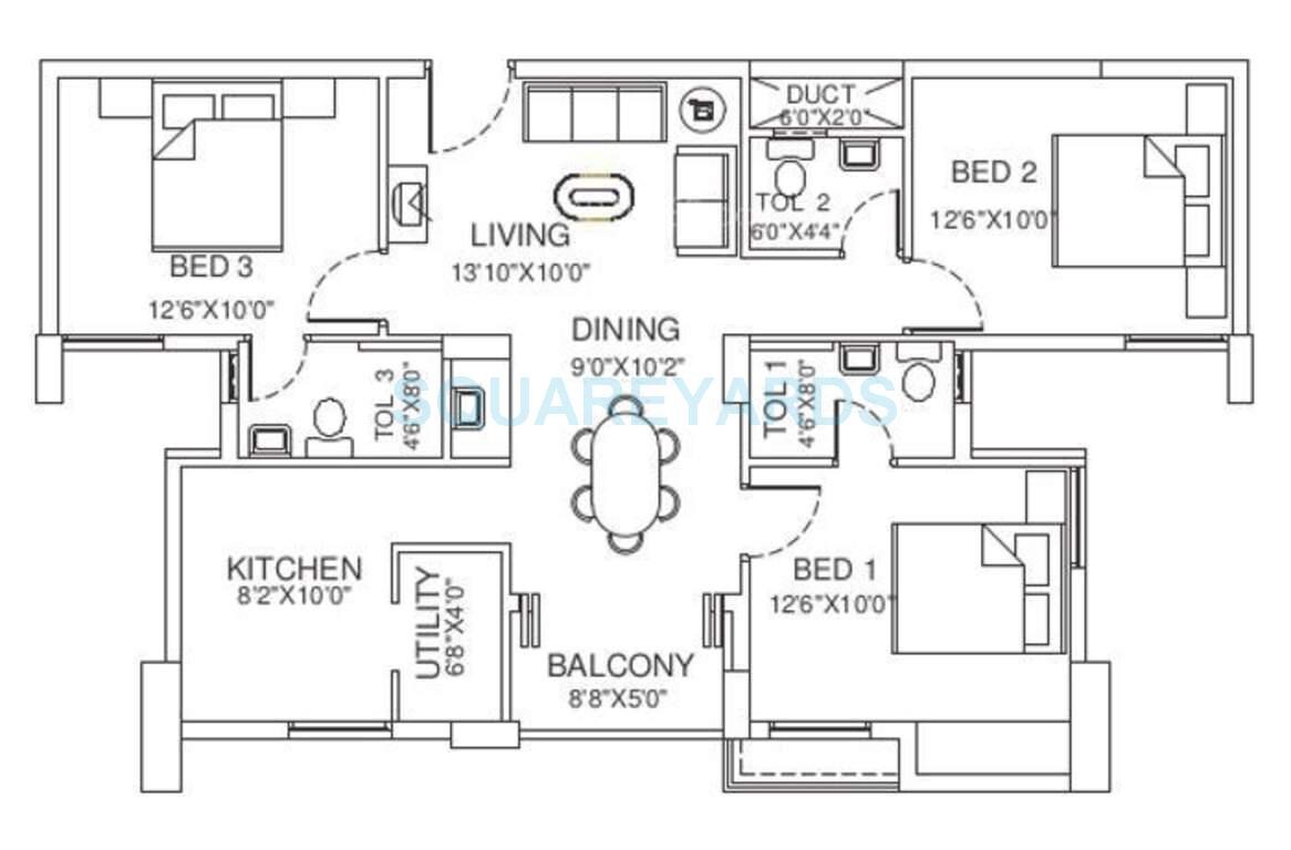 Floor plan of 3 BHK 1377 Sq. Ft. Apartment in Vishwakarma Properties Sky Park, Chennai