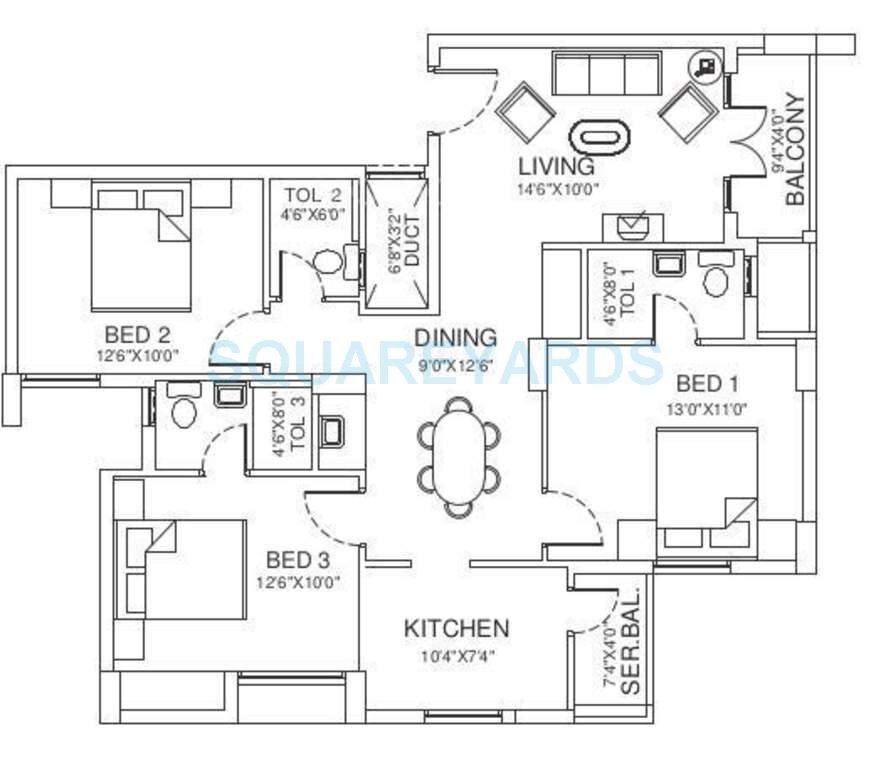 Floor plan of 3 BHK 1437 Sq. Ft. Apartment in Vishwakarma Properties Sky Park, Chennai