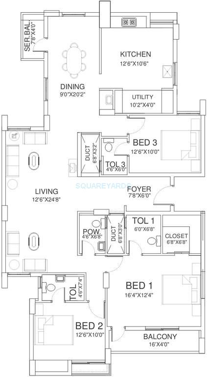 Floor plan of 3 BHK 2328 Sq. Ft. Apartment in Vishwakarma Properties Sky Park, Chennai