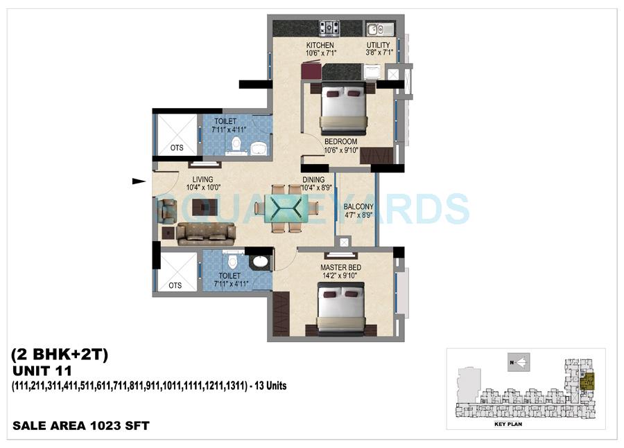 Floor plan of 2 BHK 1023 Sq. Ft. Apartment in Vishwakarma Properties Skypod, Chennai