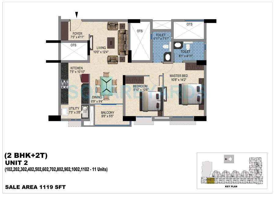 Floor plan of 2 BHK 1119 Sq. Ft. Apartment in Vishwakarma Properties Skypod, Chennai