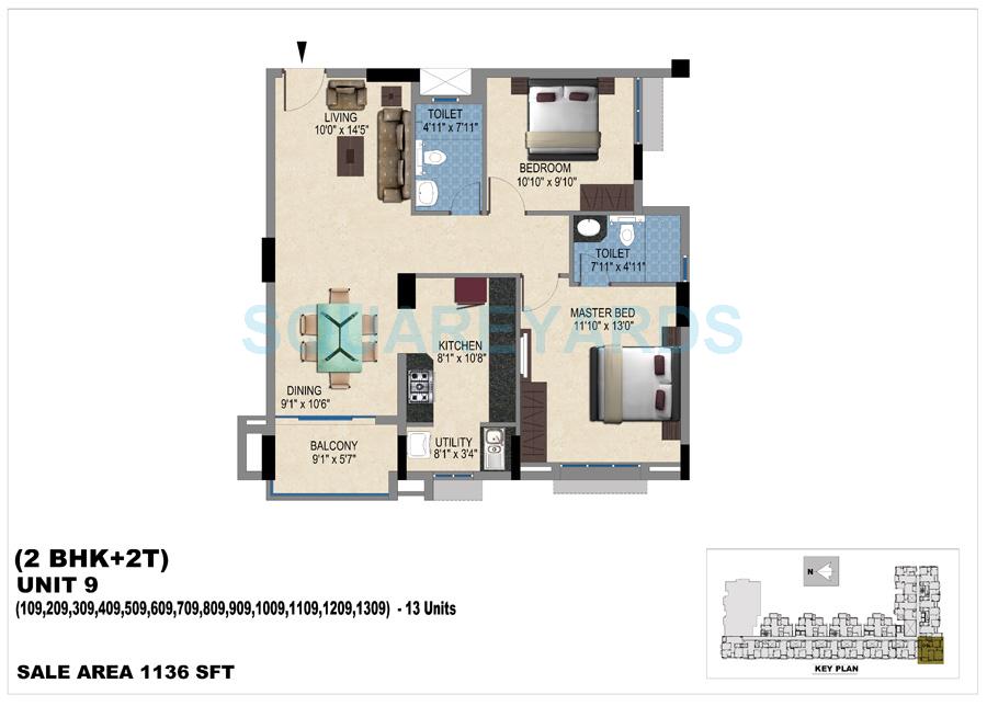 Floor plan of 2 BHK 1136 Sq. Ft. Apartment in Vishwakarma Properties Skypod, Chennai