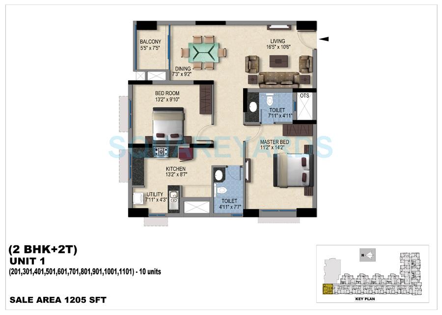 Floor plan of 2 BHK 1205 Sq. Ft. Apartment in Vishwakarma Properties Skypod, Chennai