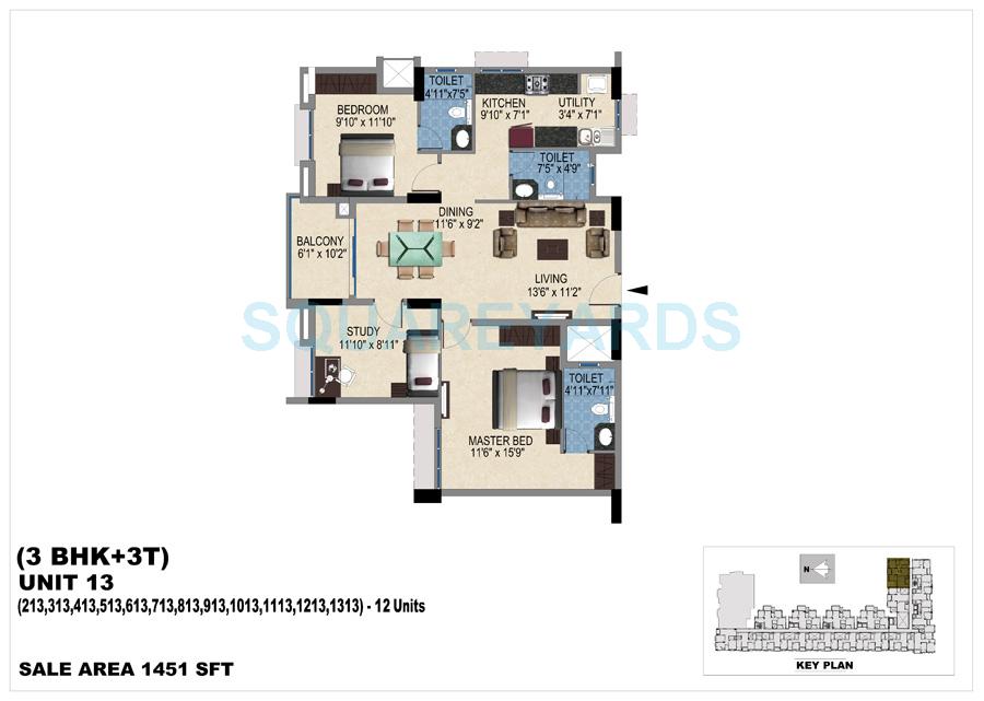 Floor plan of 2 BHK 1451 Sq. Ft. Apartment in Vishwakarma Properties Skypod, Chennai