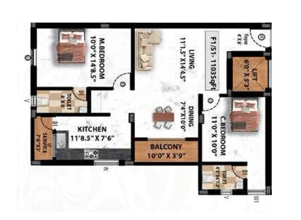 Floor plan of 2 BHK 1103 Sq. Ft. Apartment in Viva Vesta, Chennai