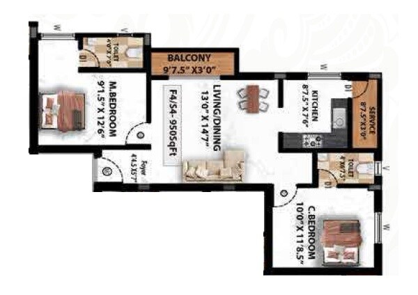 Floor plan of 2 BHK 950 Sq. Ft. Apartment in Viva Vesta, Chennai