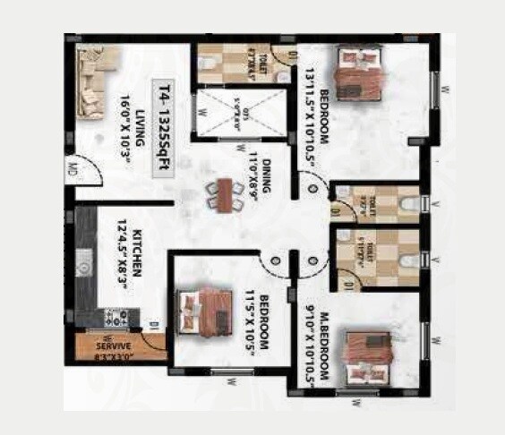 Floor plan of 3 BHK 1325 Sq. Ft. Apartment in Viva Vesta, Chennai