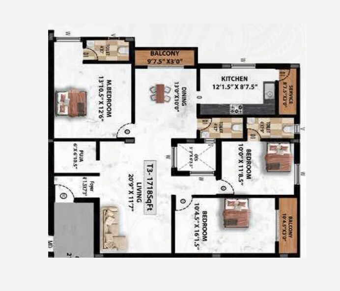 Floor plan of 3 BHK 1718 Sq. Ft. Apartment in Viva Vesta, Chennai