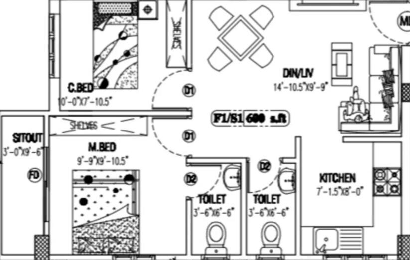 Floor plan of 2 BHK 600 Sq. Ft. Apartment in Viva Vester, Chennai