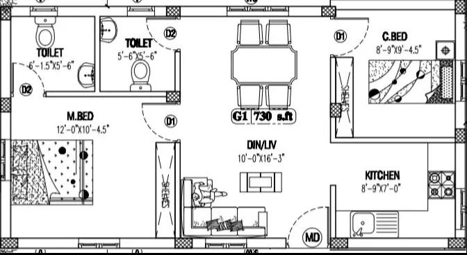 Floor plan of 2 BHK 730 Sq. Ft. Apartment in Viva Vester, Chennai