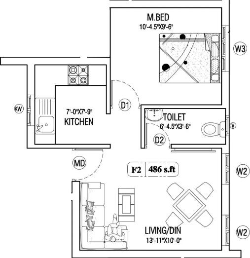 Floor plan of 1 BHK 486 Sq. Ft. Apartment in Viva Vintage, Chennai