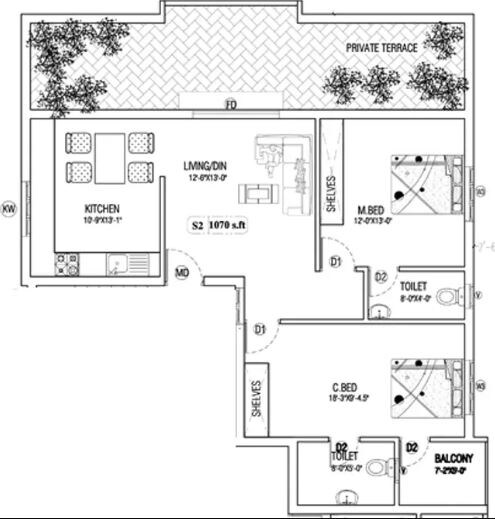 Floor plan of 2 BHK 1070 Sq. Ft. Apartment in Viva Vintage, Chennai