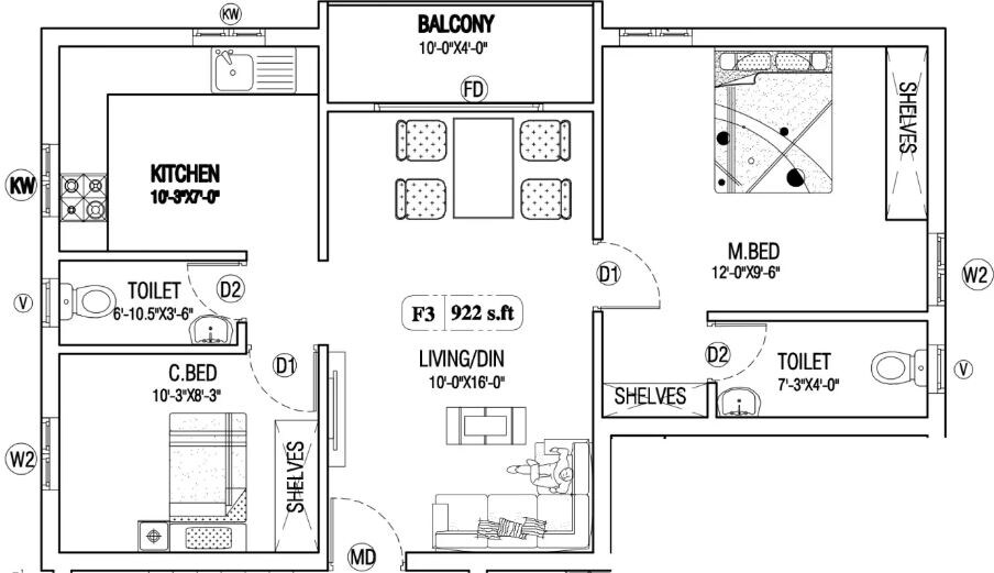 Floor plan of 2 BHK 922 Sq. Ft. Apartment in Viva Vintage, Chennai