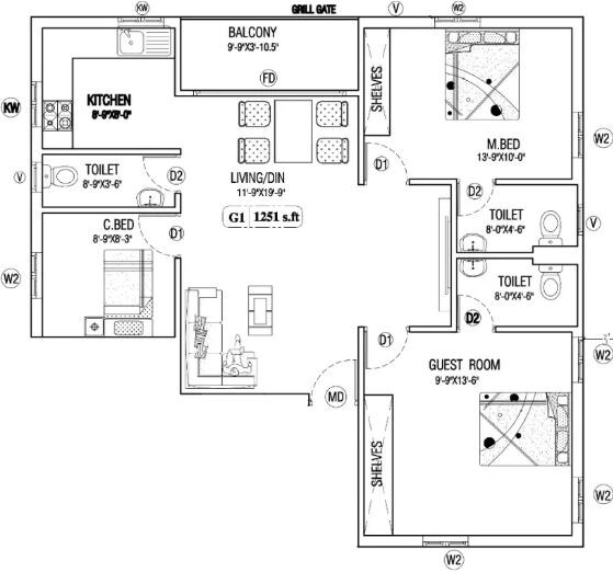 Floor plan of 3 BHK 1251 Sq. Ft. Apartment in Viva Vintage, Chennai