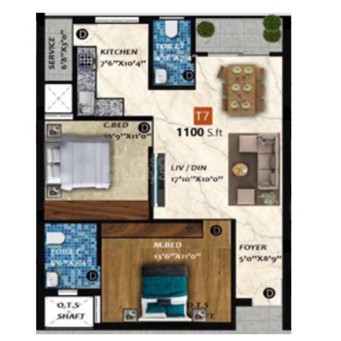 Floor plan of 2 BHK 1100 Sq. Ft. Apartment in Viva Vision, Chennai