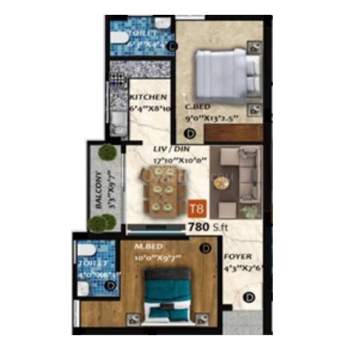 Floor plan of 2 BHK 780 Sq. Ft. Apartment in Viva Vision, Chennai