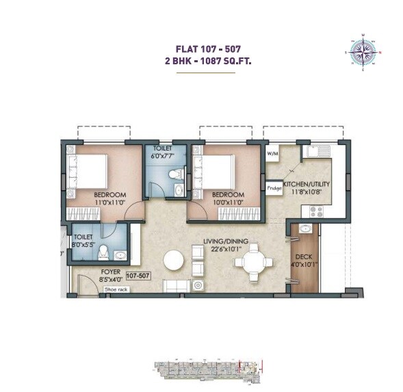 Floor plan of 2 BHK 1087 Sq. Ft. Apartment in VNR Belmont, Chennai