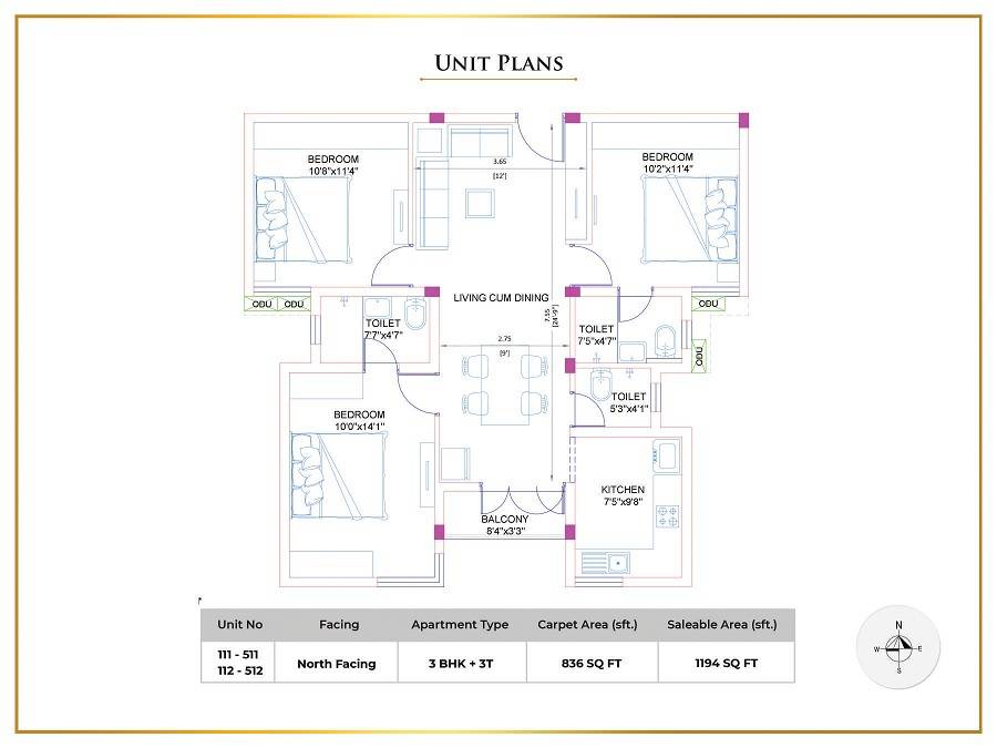Floor plan of 3 BHK 1194 Sq. Ft. Apartment in VNR Hywinds, Chennai
