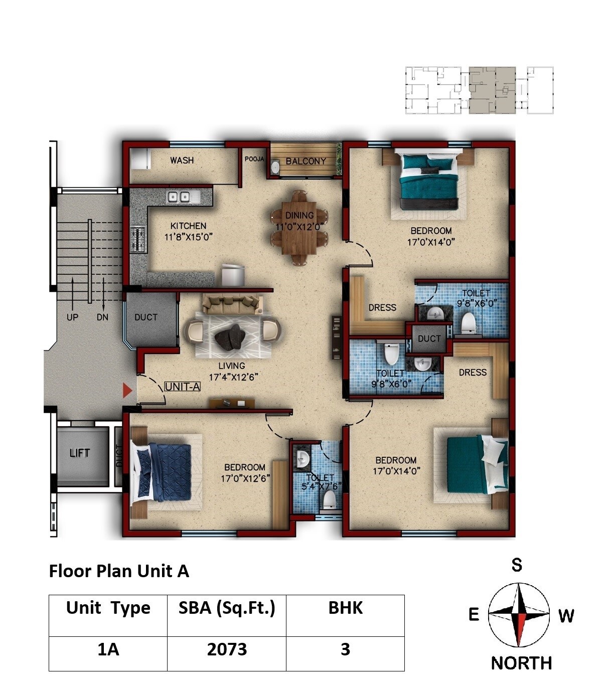 Floor plan of 3 BHK 2073 Sq. Ft. Apartment in Voora Narayana, Chennai
