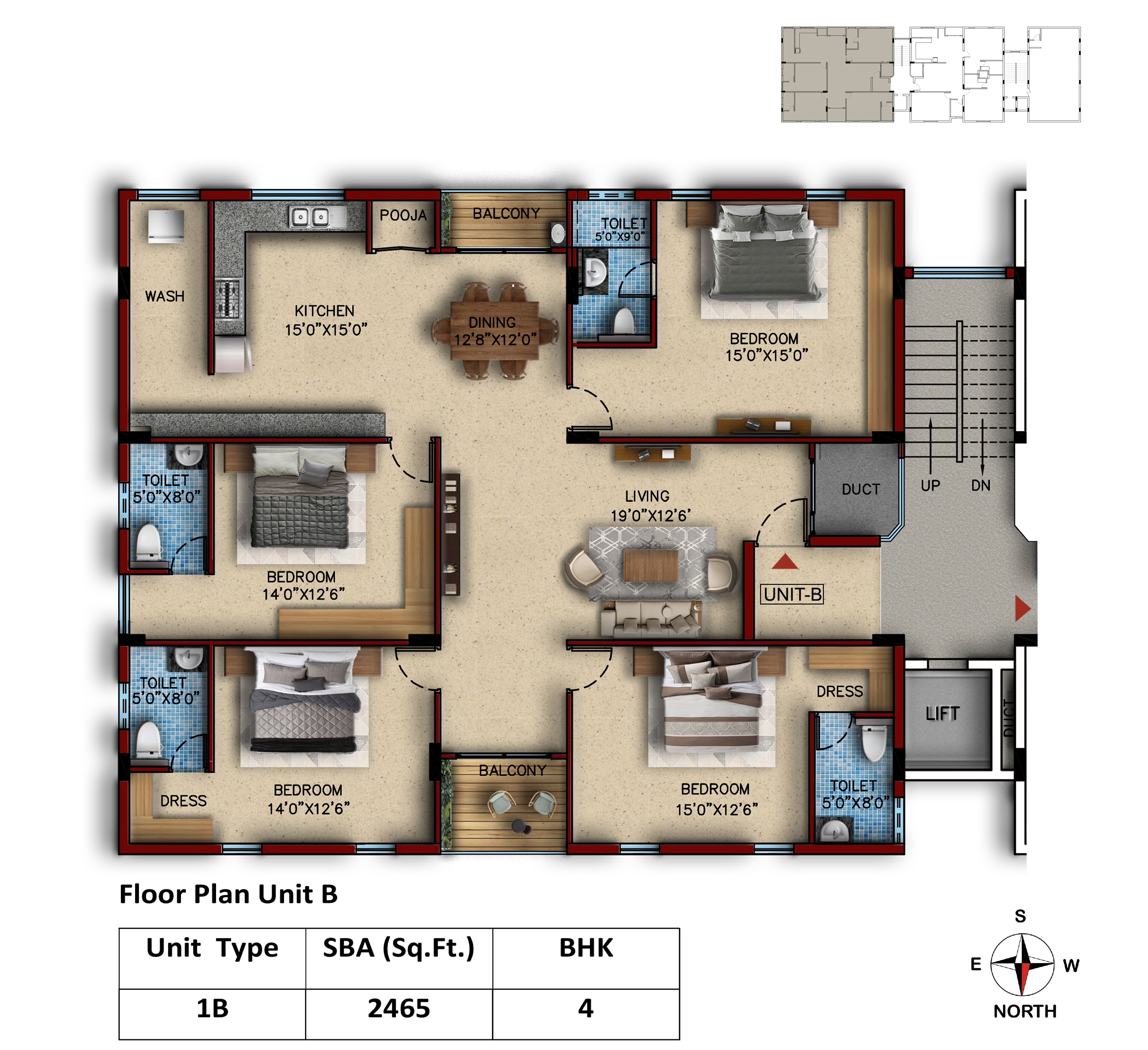 Floor plan of 4 BHK 2465 Sq. Ft. Apartment in Voora Narayana, Chennai