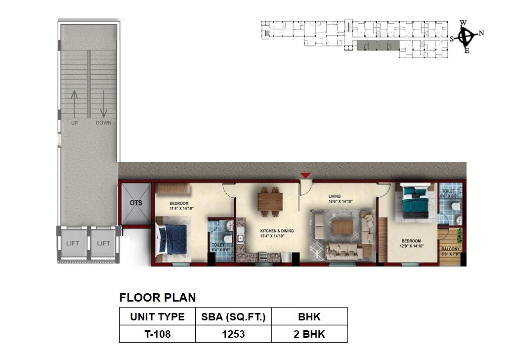 Floor plan of 2 BHK 1253 Sq. Ft. Apartment in Voora Vidyasagar Oswal Gardens, Chennai