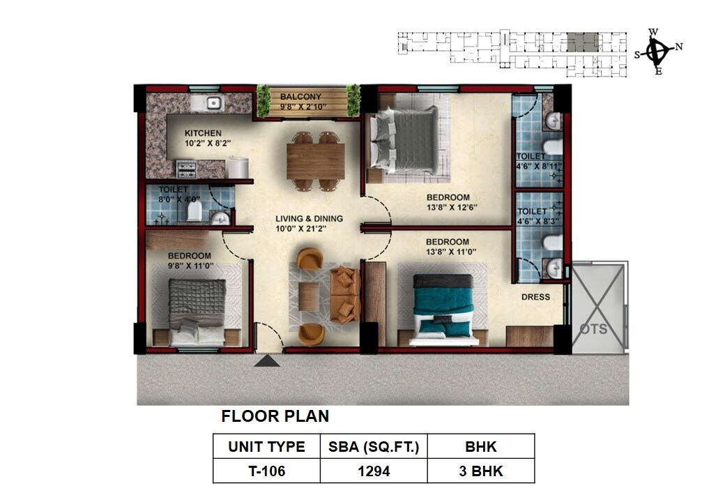 Floor plan of 3 BHK 1294 Sq. Ft. Apartment in Voora Vidyasagar Oswal Gardens, Chennai