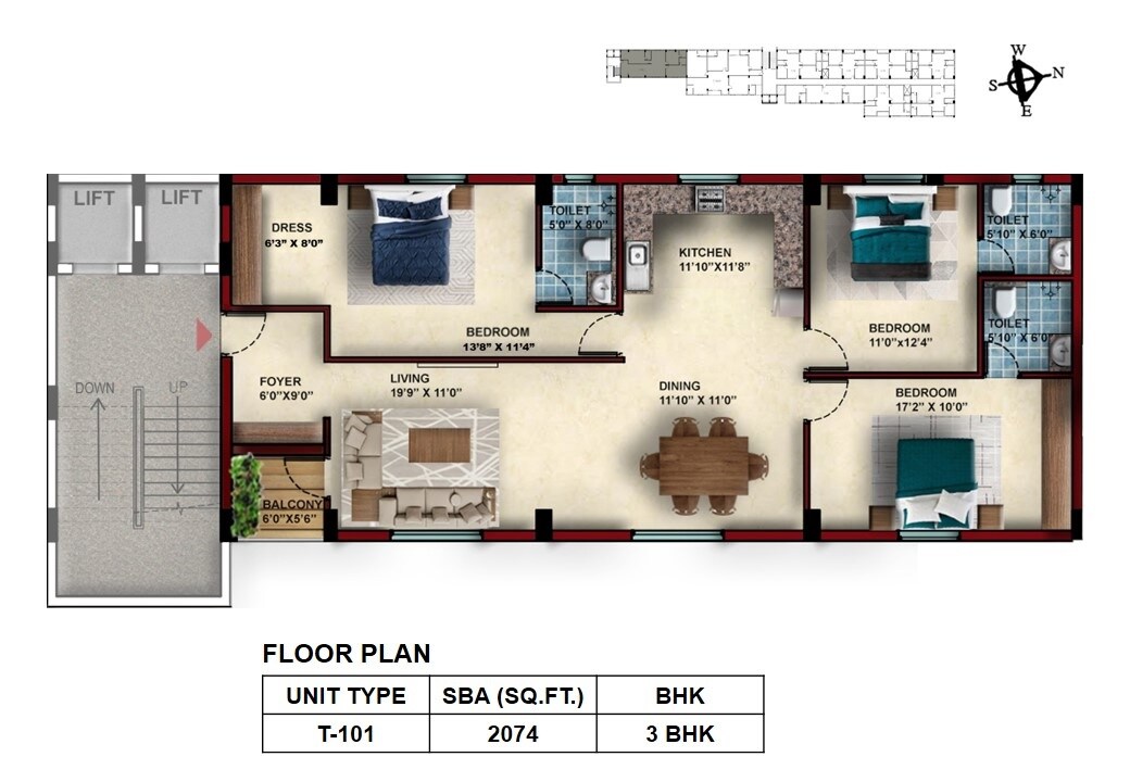 Floor plan of 3 BHK 2074 Sq. Ft. Apartment in Voora Vidyasagar Oswal Gardens, Chennai