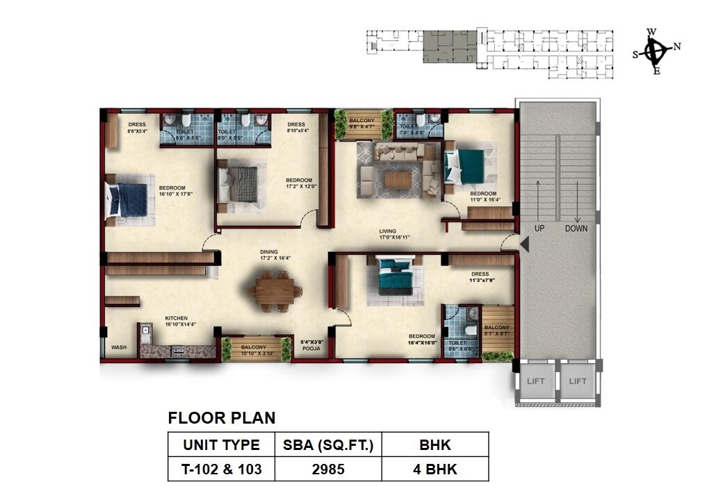 Floor plan of 4 BHK 2985 Sq. Ft. Apartment in Voora Vidyasagar Oswal Gardens, Chennai