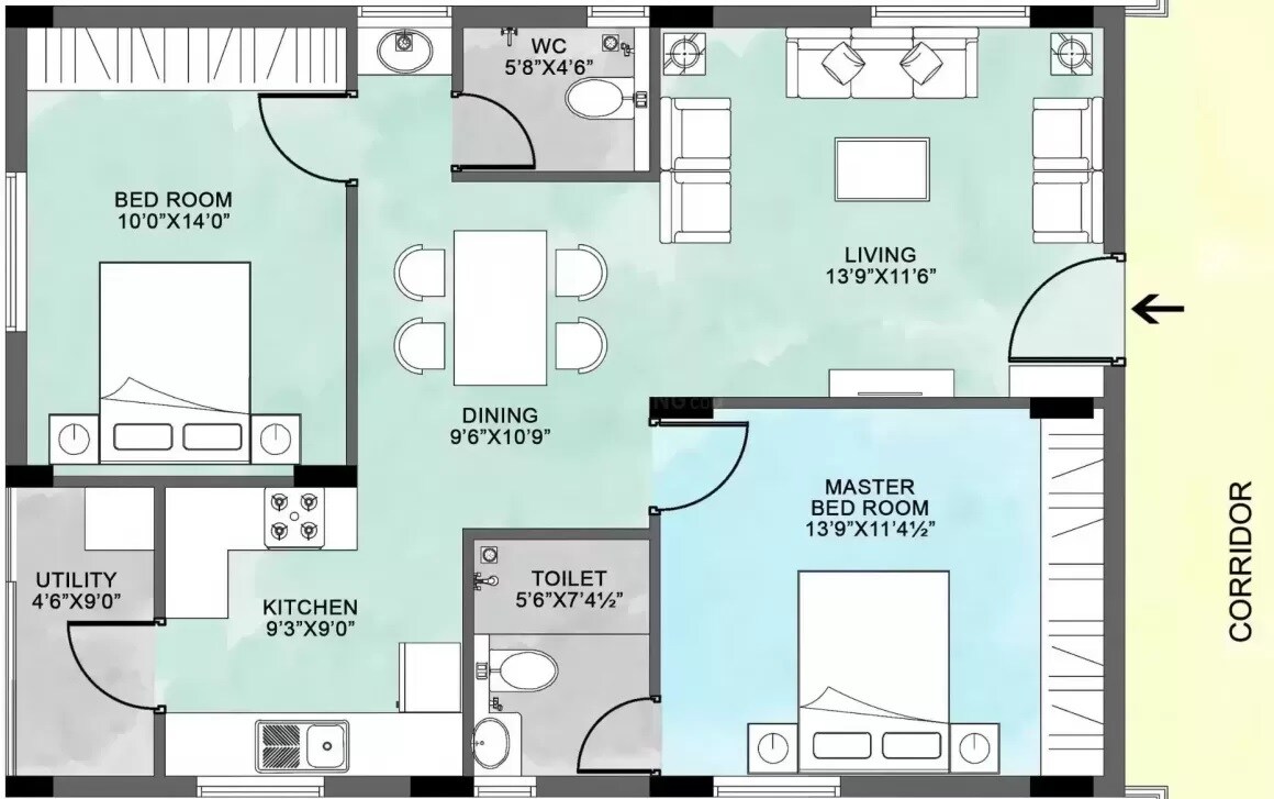 Floor plan of 2 BHK 1102 Sq. Ft. Apartment in Voora Westside, Chennai
