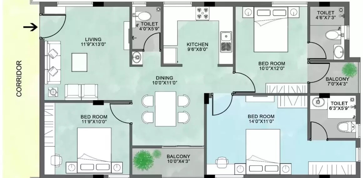 Floor plan of 3 BHK 1377 Sq. Ft. Apartment in Voora Westside, Chennai