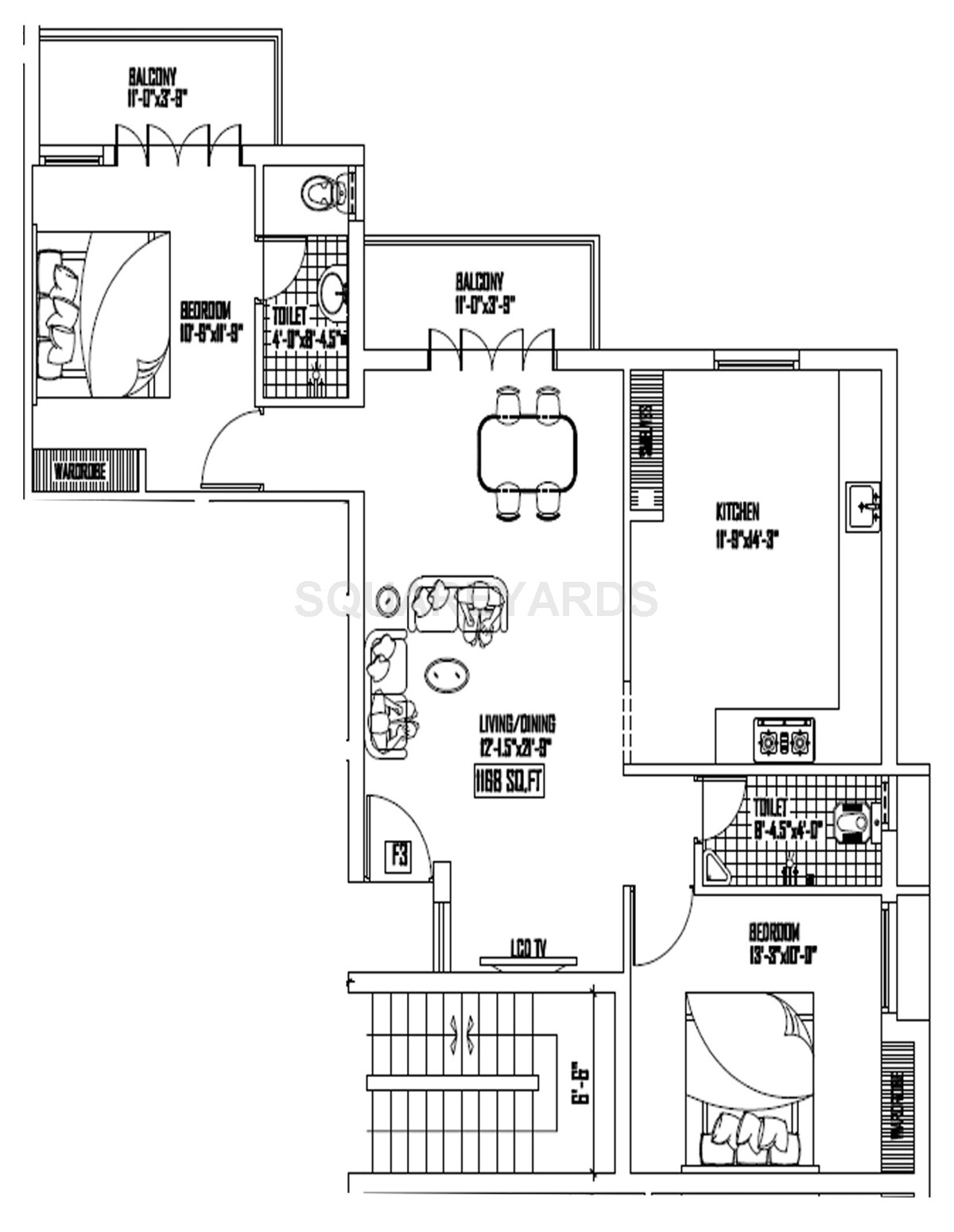 Floor plan of 2 BHK 1168 Sq. Ft. Apartment in Vswagath Developers Lake View Apartment, Chennai