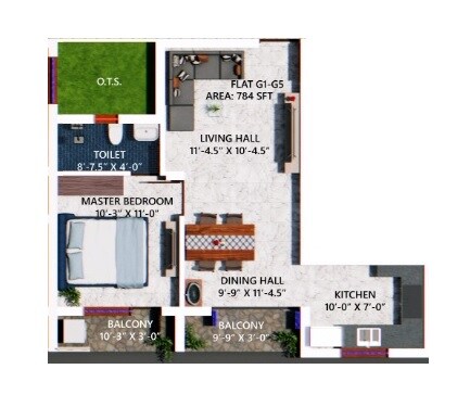 Floor plan of 1 BHK 784 Sq. Ft. Apartment in Welldone Sea Crest, Chennai