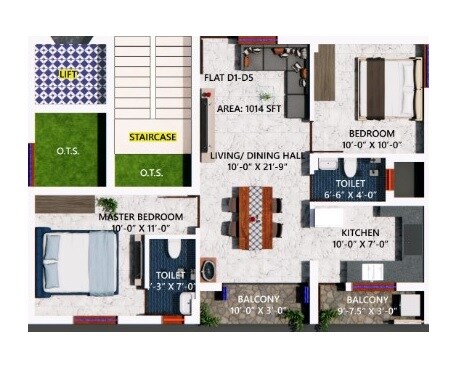 Floor plan of 2 BHK 1014 Sq. Ft. Apartment in Welldone Sea Crest, Chennai
