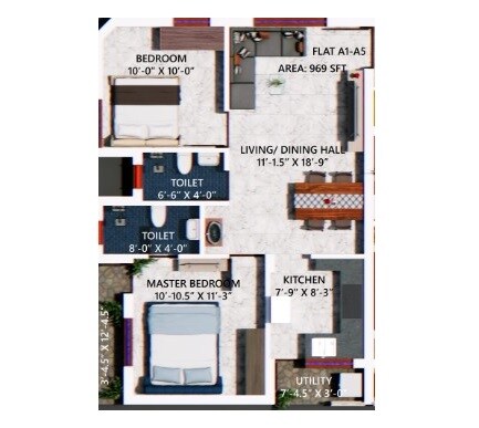Floor plan of 2 BHK 969 Sq. Ft. Apartment in Welldone Sea Crest, Chennai