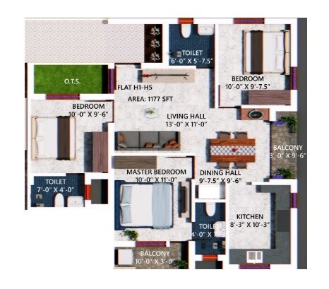 Floor plan of 3 BHK 1177 Sq. Ft. Apartment in Welldone Sea Crest, Chennai