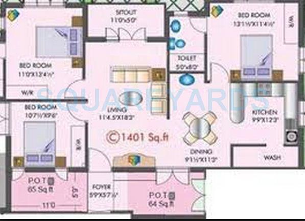 Floor plan of 3 BHK 1401 Sq. Ft. Apartment in XS Real Bella Tuscany, Chennai