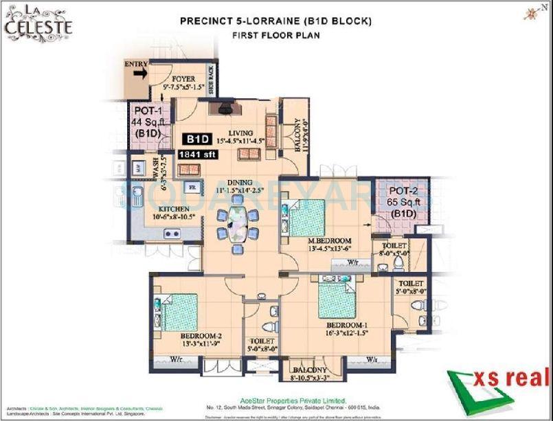 Floor plan of 3 BHK 1841 Sq. Ft. Apartment in XS Real La Celeste, Chennai