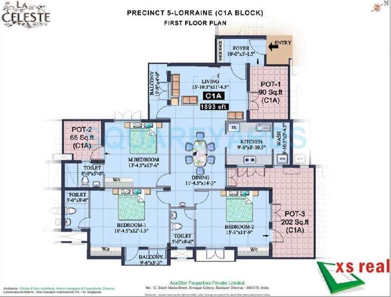 Floor plan of 3 BHK 1893 Sq. Ft. Apartment in XS Real La Celeste, Chennai