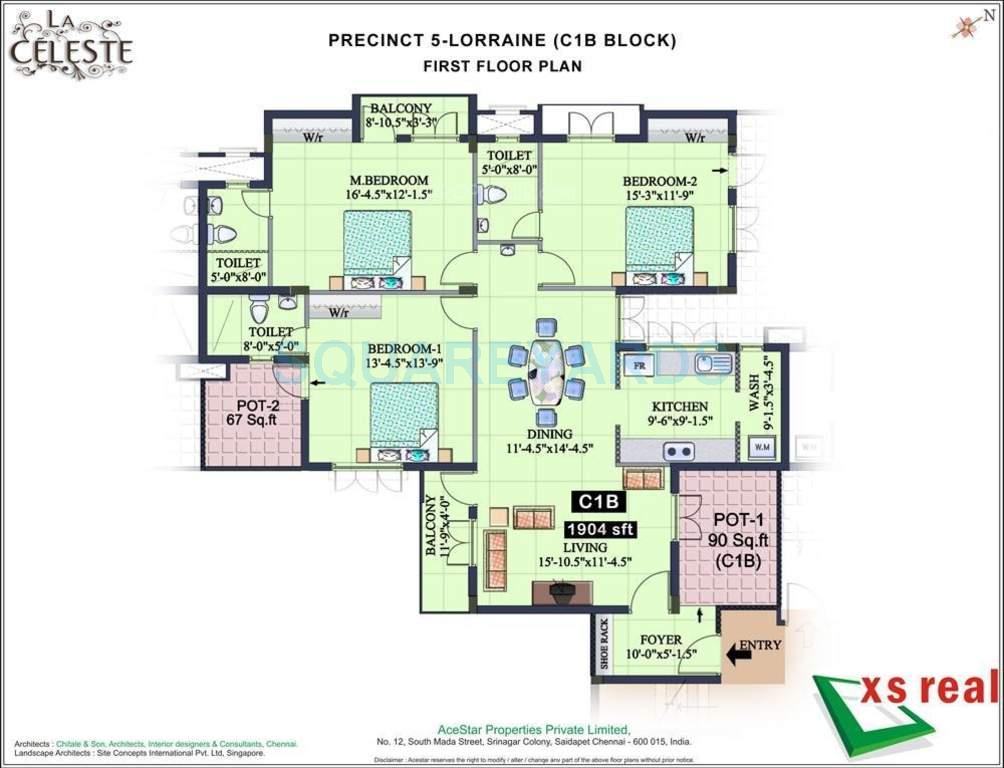Floor plan of 3 BHK 1904 Sq. Ft. Apartment in XS Real La Celeste, Chennai