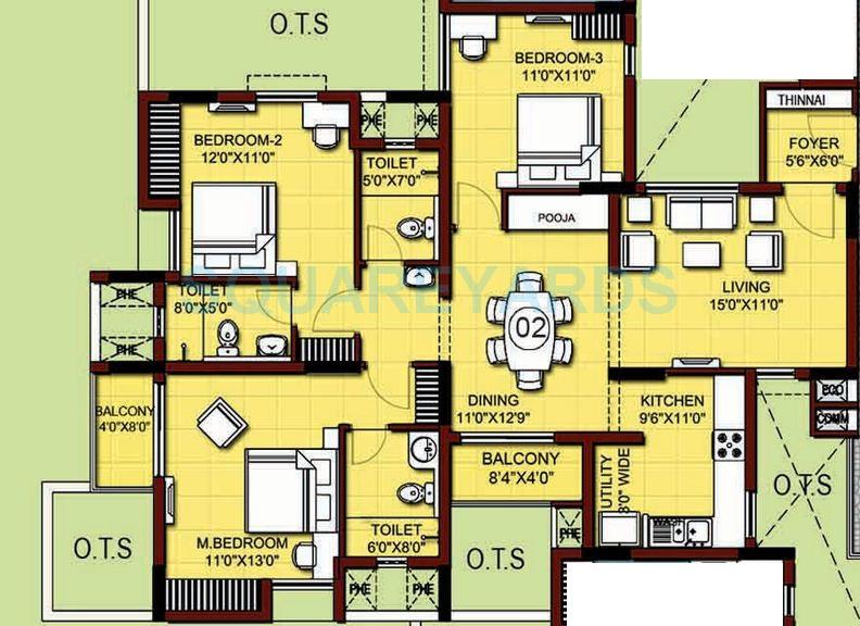 Floor plan of 3 BHK 1640 Sq. Ft. Apartment in XS Real Siena, Chennai