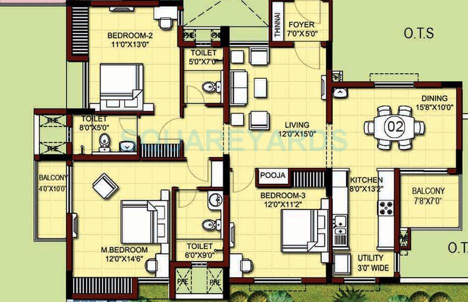 Floor plan of 3 BHK 1872 Sq. Ft. Apartment in XS Real Siena, Chennai