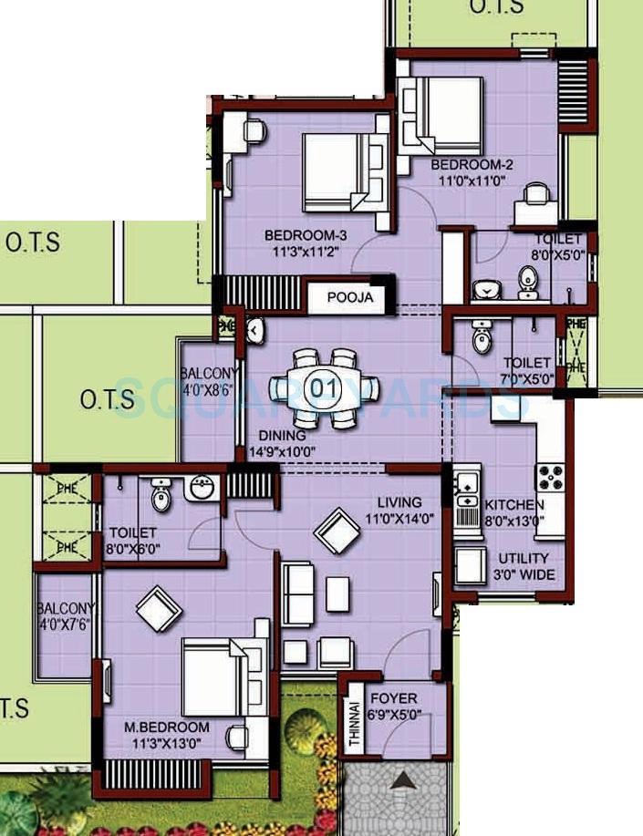 Floor plan of 3 BHK 1890 Sq. Ft. Apartment in XS Real Siena, Chennai