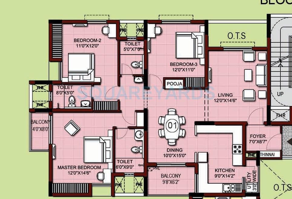 Floor plan of 3 BHK 1915 Sq. Ft. Apartment in XS Real Siena, Chennai