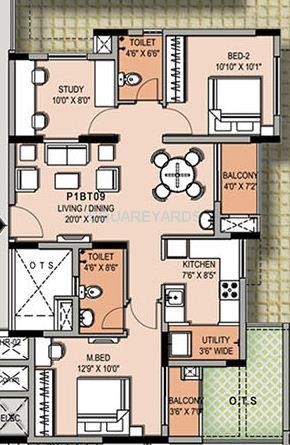 Floor plan of 2 BHK 1099 Sq. Ft. Apartment in XS Real Symphony, Chennai