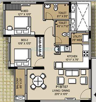 Floor plan of 2 BHK 971 Sq. Ft. Apartment in XS Real Symphony, Chennai