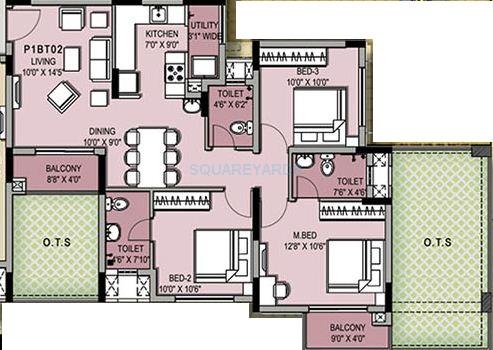 Floor plan of 3 BHK 1222 Sq. Ft. Apartment in XS Real Symphony, Chennai